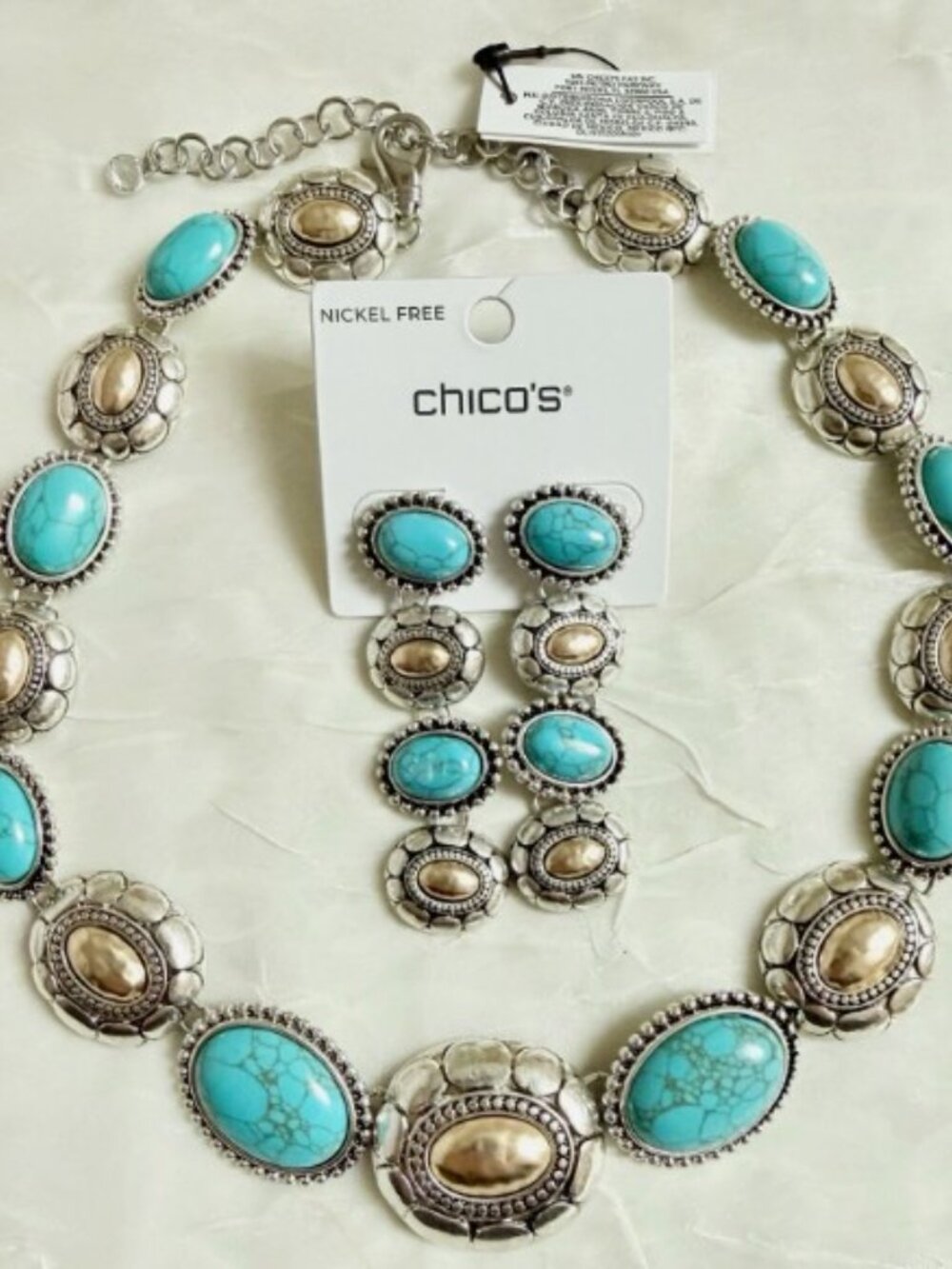 NWT CHICO'S Turquoise Mixed Metal Collar Necklace and earrings - Picture 2 of 4